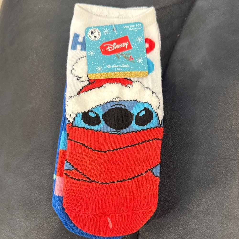 Disney Stitch Festive Holiday Red and Blue No-Show Socks - 3 Pairs